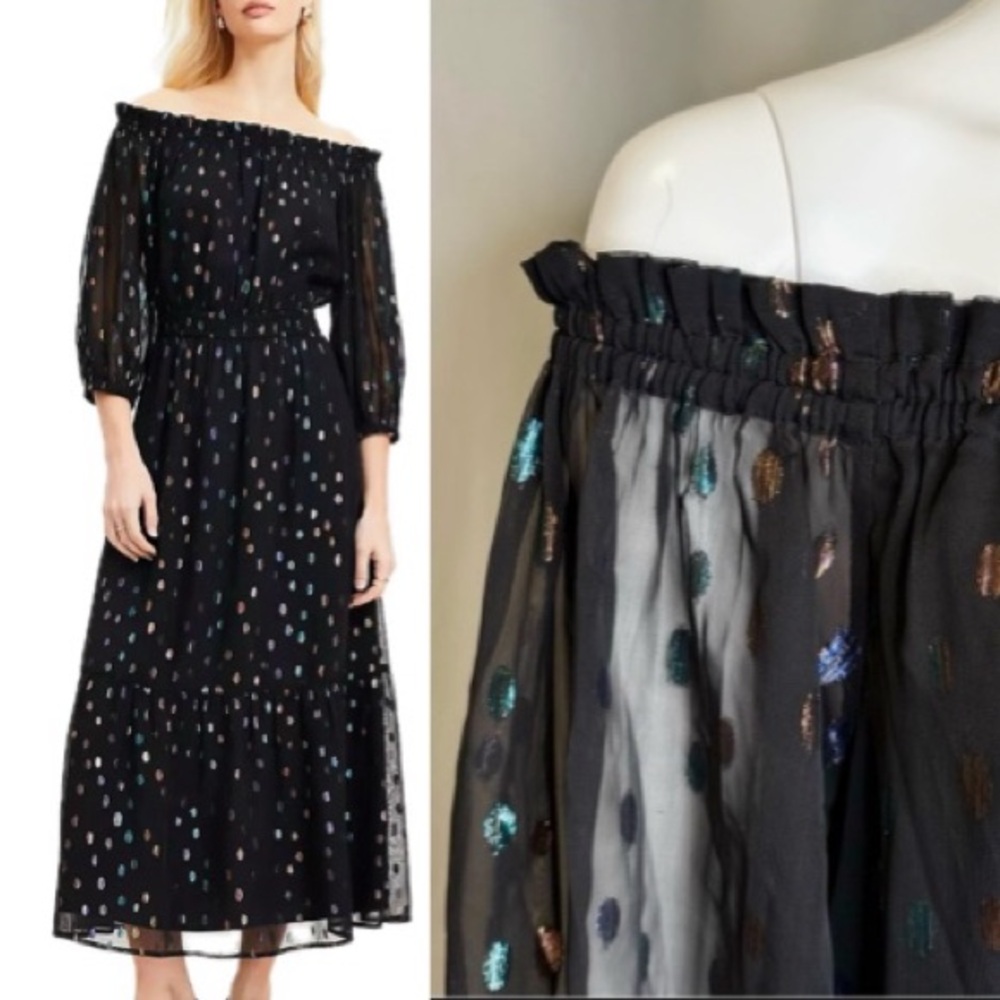 NWT LOFT Shimmer Clip Dot Balloon Sleeve Off Shoulder Midi Dress Size M Black